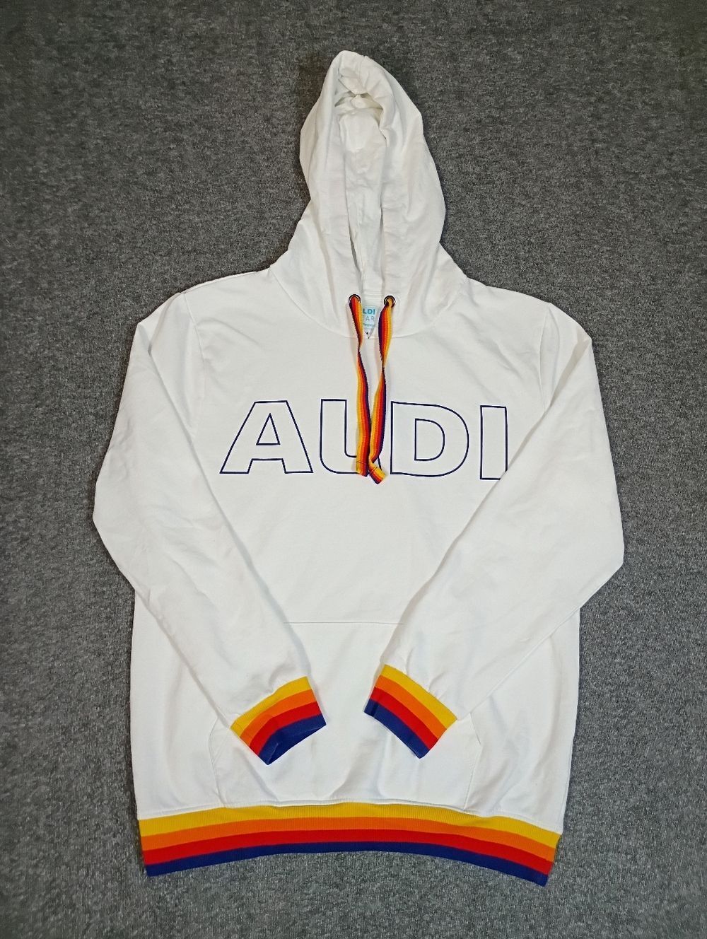 ALDI Gear Hoodie Mens Medium White Rainbow Trim Pullover Logo Sweatshirt